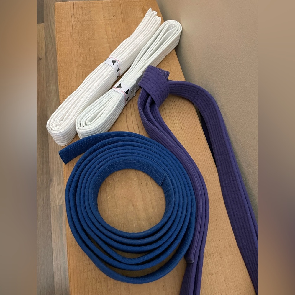 Four Karate Belts Century Adult Size 6 Purple, Blue, and 2 White belts